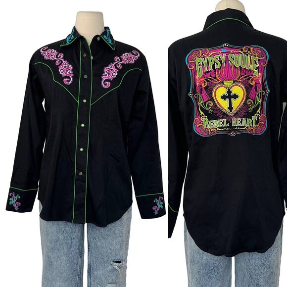 Gypsy Soule Embroidered Rebel Heart Western Button-Down Black Shirt | MEDIUM - Picture 1 of 9
